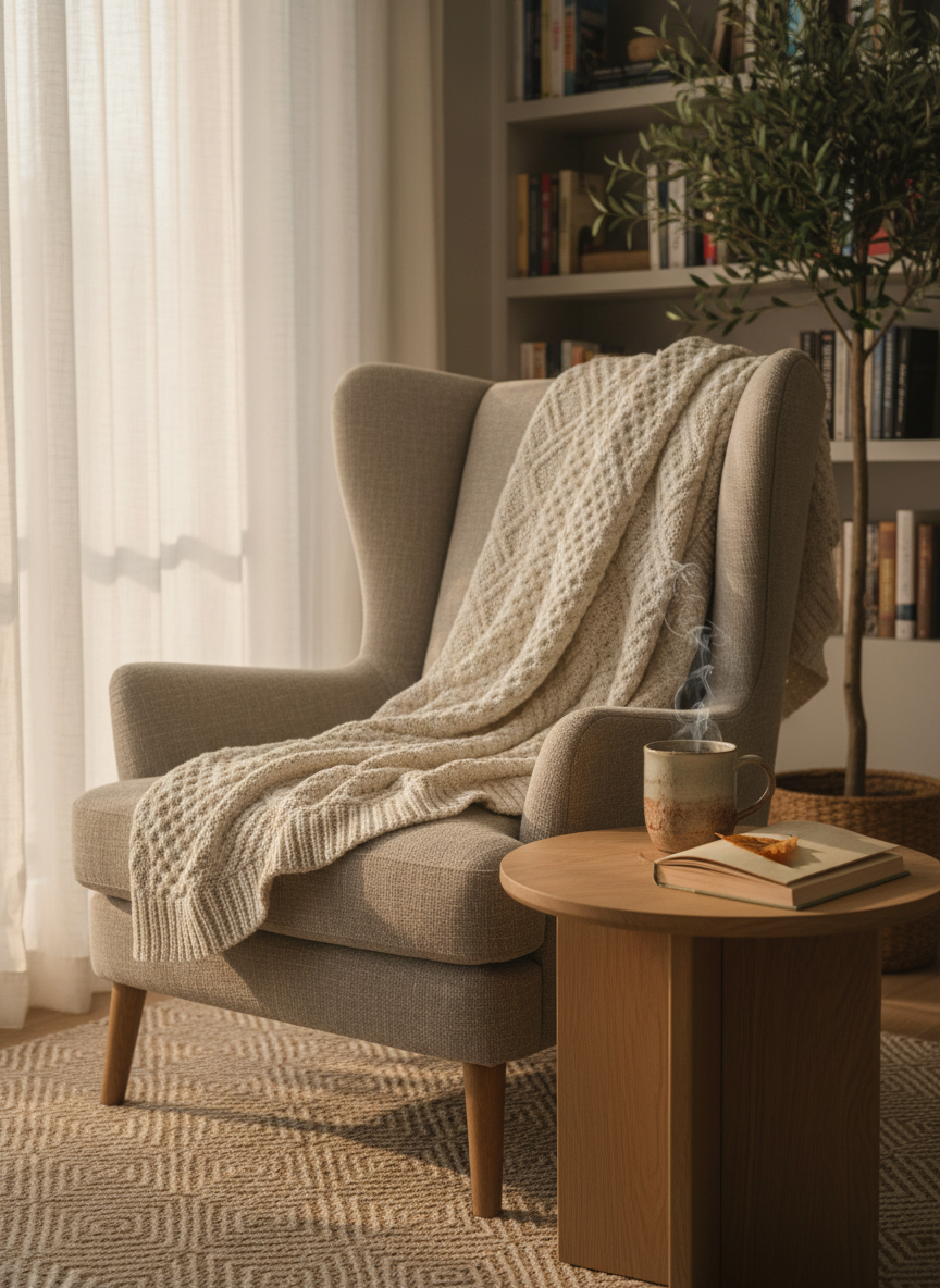 A meticulously styled reading nook in a modern yet cozy living room, featuring a high-backed linen armchair in a warm greige tone, draped with a chunky, cream-colored knit throw. A small round oak side table holds a steaming stoneware mug of herbal tea and an open linen-bound book with a pressed leaf as a bookmark. Soft late-afternoon natural light streams through sheer, off-white curtains, creating gentle highlights on the wood grain and subtle shadows on the woven rug below. Photographed at eye level with a shallow depth of field, the background dissolves into a blurred glimpse of built-in bookshelves and a potted olive tree. The mood is serene, sophisticated, and quietly inviting, in clean photographic realism.