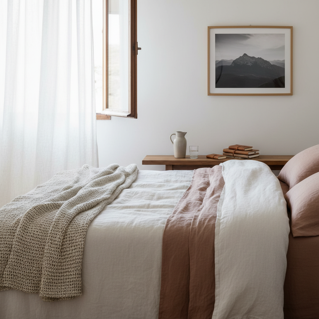 A tranquil bedroom scene focused on a neatly made bed with crinkled stone-washed linen bedding in warm white and soft clay tones, layered with a textured wool throw at the foot. A slim wooden bench at the bedside holds a ceramic carafe of water, a single glass, and a small stack of well-worn travel journals. Through a barely open window, sheer curtains move slightly, allowing diffused early-morning light to wash the room in a gentle, milky glow. On the wall, a simple landscape photograph in a thin oak frame hints at distant mountains. Captured from a slightly elevated side angle with a shallow depth of field, the composition feels intimate, calming, and aspirational, reflecting the quiet luxury and slow-living ethos of a sophisticated lifestyle blog.
