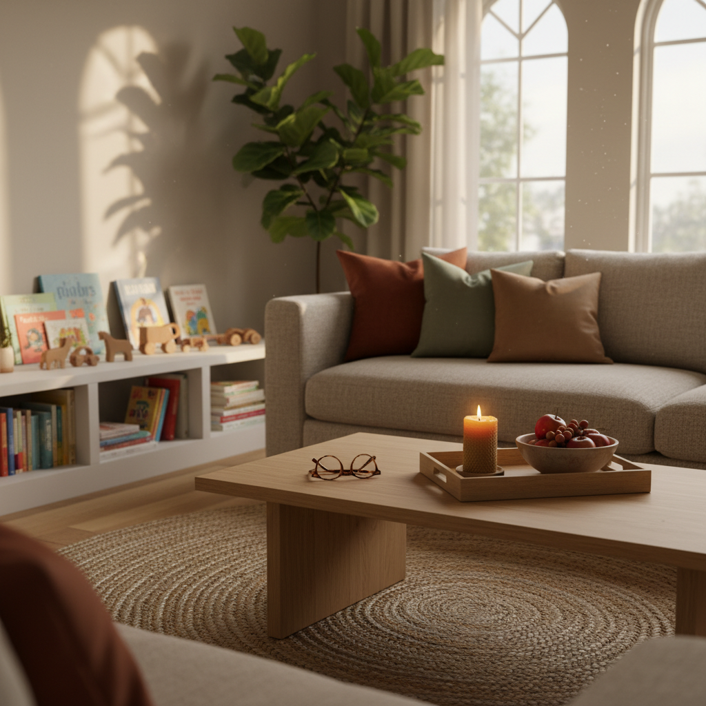 An inviting, thoughtfully arranged family living area with a low, oatmeal-colored fabric sofa adorned with a mix of textured cushions in rust, taupe, and soft sage. A natural jute rug anchors a light oak coffee table, where a wooden tray holds a lit beeswax candle, a pair of reading glasses, and a simple ceramic bowl of seasonal fruit. In the background, children’s books and wooden toys are neatly arranged on a low shelf beside a leafy indoor plant. Warm natural afternoon light filters in from large windows, creating a golden glow and soft, layered shadows. Photographed from a corner perspective with moderate depth of field, the image balances sharp detail in the foreground with a gently blurred background, evoking an authentic, lived-in yet sophisticated family home in photographic realism.