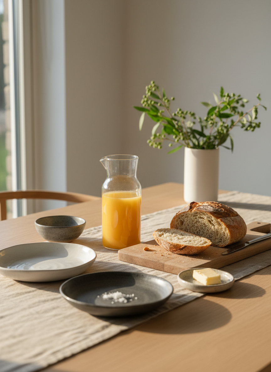 A sunlit Scandinavian-inspired dining table set for a slow weekend breakfast, with a pale oak tabletop, slightly textured linen runner in a muted sand tone, and a cluster of handmade ceramic plates in soft whites and greys. A clear glass carafe of freshly squeezed orange juice catches the morning light, while a wooden board holds crusty sourdough bread and a small dish of butter sprinkled with sea salt. In the background, a simple vase with foraged greenery stands against a matte white wall. Golden morning light pours in from a nearby window, casting delicate shadows and reflections. Captured from a slightly elevated angle using the rule of thirds, with photographic realism and a calm, minimalist atmosphere that feels warm, familial, and unhurried.