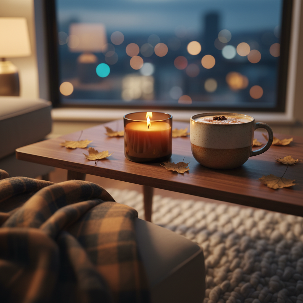 A cozy autumn evening coffee table scene in a small city apartment, featuring a smooth walnut surface scattered with fallen golden leaves, a dark amber glass candle in mid-burn, and a heavy ceramic mug of chai latte topped with cinnamon. A soft plaid wool blanket in caramel and charcoal tones spills from a nearby armchair onto a textured cream rug. Through the window behind, blurred city lights glow softly against the blue hour sky. Warm, low lamp light mingles with the last traces of natural daylight, creating deep, comforting shadows and luminous highlights on the mug’s glazed surface. Photographed close-up at table height, with tight framing and strong bokeh in the background, the image has a cinematic, intimate atmosphere that celebrates seasonal coziness in realistic, sophisticated photographic style.