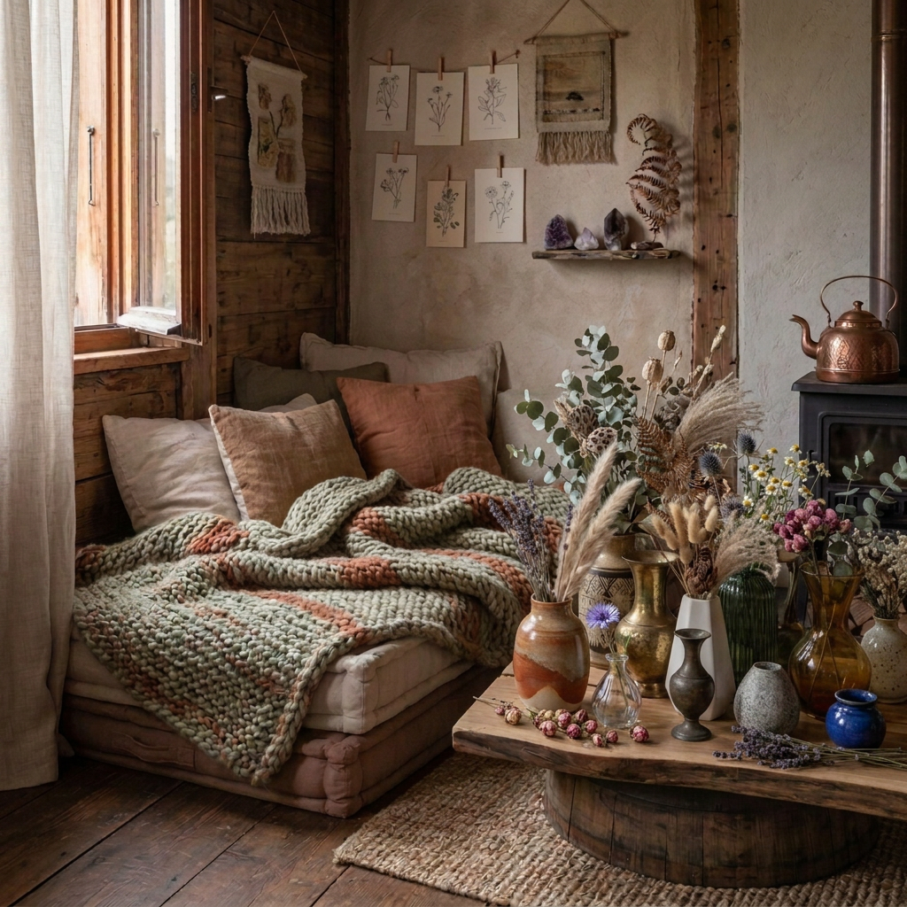 Person sitting on cozy cushioned bench with knitted blanket, reading a book and holding a mug
